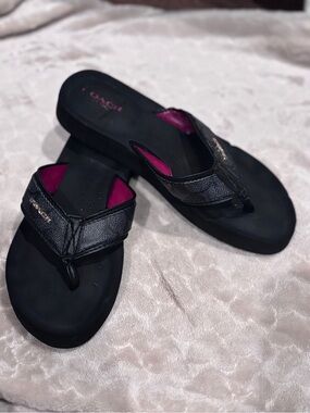 Coach Black Flip-Flop Sandals with Pink Inner Accent